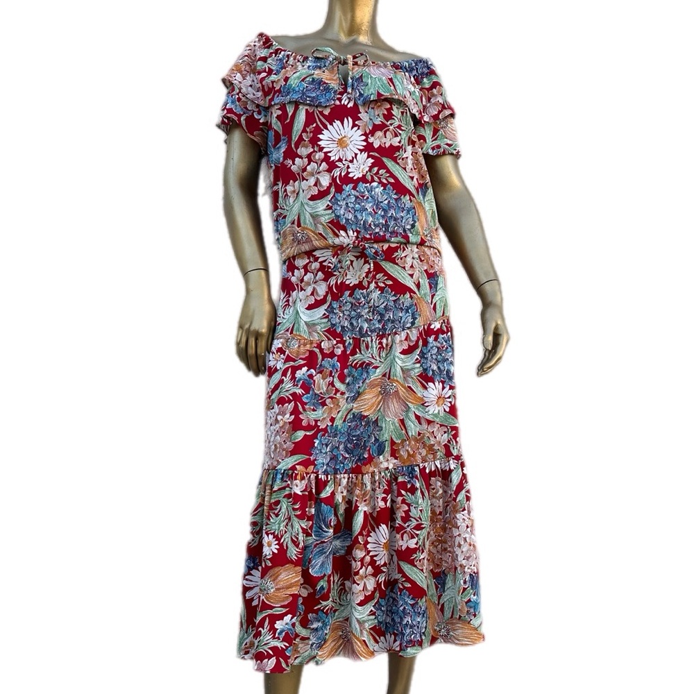 Vintage Julie Miller colorful floral print 2-piece skirt set-ruffle collar top